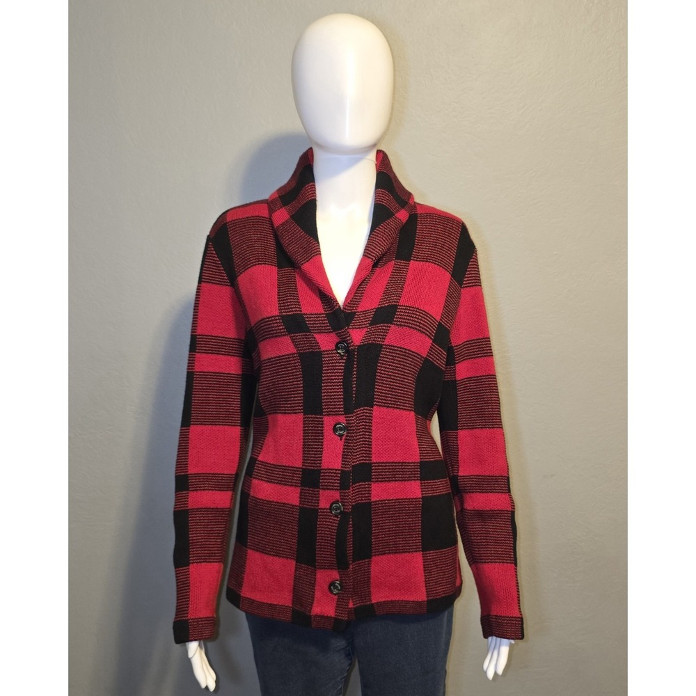 Chaps Buffalo Plaid Red & Black Cardigan Sweater Cozy Outdoor Classic Sz S